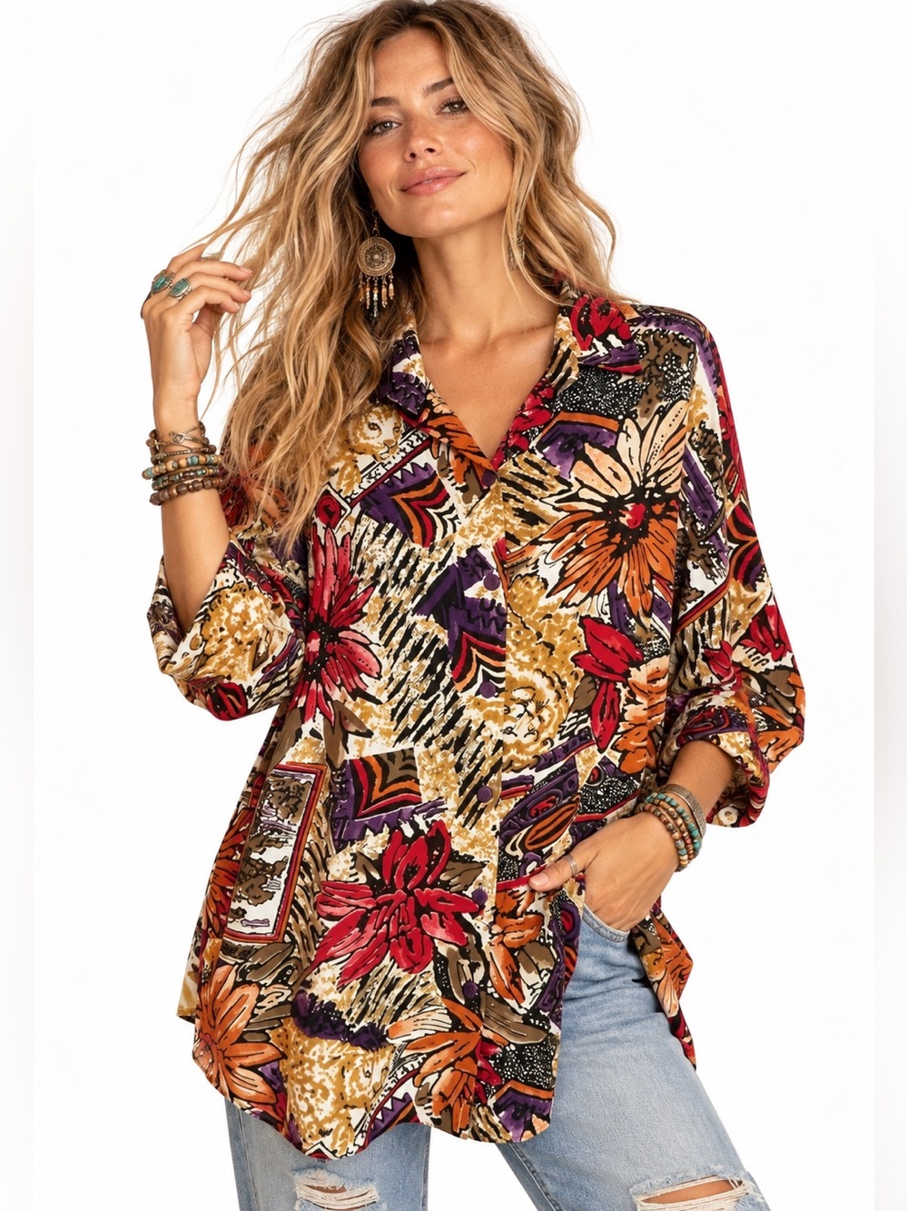 Vintage 80s Floral Abstract Oversized Button Down Tunic Shirt